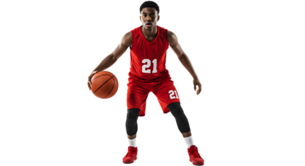 Male basketball player in red uniform dribbling basketball isolated on black background, dynamic sports action, perfect for sports promotions
