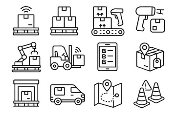Fototapeta premium Icons delivery sensor cones route icon inventory conveyor package digital vector warehouse