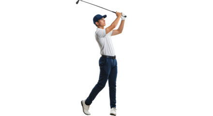 Male golfer in mid-swing wearing casual golf attire isolated on white background, perfect for sports and leisure projects