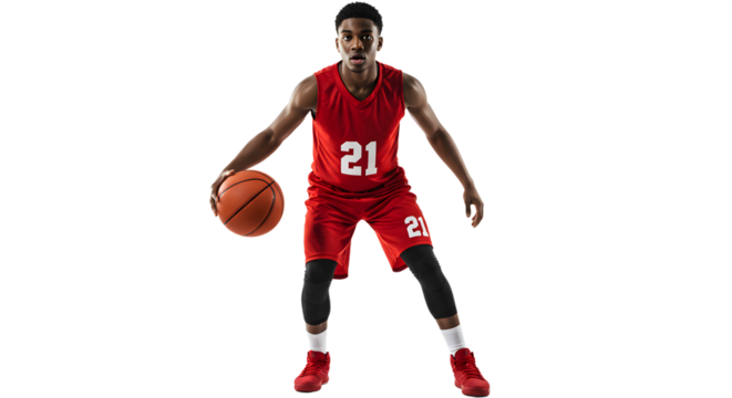 Male basketball player in red uniform dribbling basketball isolated on black background, dynamic sports action, perfect for sports promotions