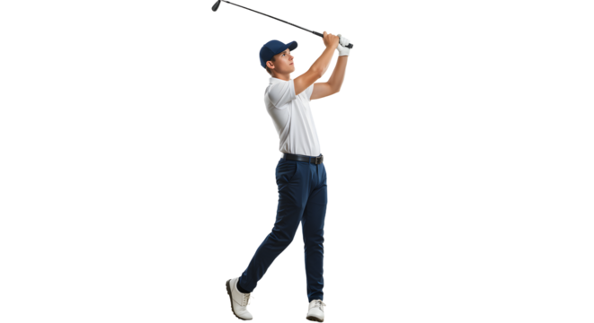Male golfer in mid-swing wearing casual golf attire isolated on white background, perfect for sports and leisure projects