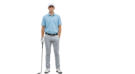Male golfer standing with golf club on black background, sportsman in golf apparel ready to play, perfect for sports and outdoor themes