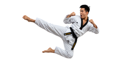 Male martial artist performing a high flying kick in traditional white taekwondo uniform with black belt, isolated on black, perfect for sports and martial arts themes