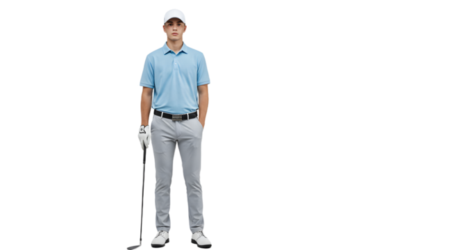 Male golfer standing with golf club on black background, sportsman in golf apparel ready to play, perfect for sports and outdoor themes