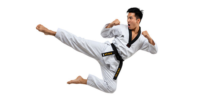 Male martial artist performing a high flying kick in traditional white taekwondo uniform with black belt, isolated on black, perfect for sports and martial arts themes