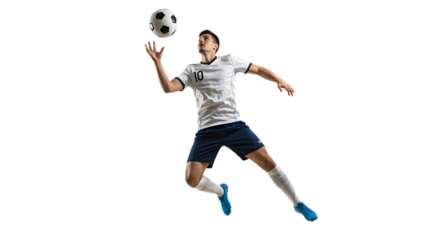 Male soccer player in mid-air catching a ball with a glove in uniform on isolated black background, perfect for sports and athletic themes