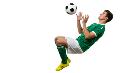 Male soccer player in green jersey performing a bicycle kick with a ball in mid-air, isolated on black background, perfect for sports and football content