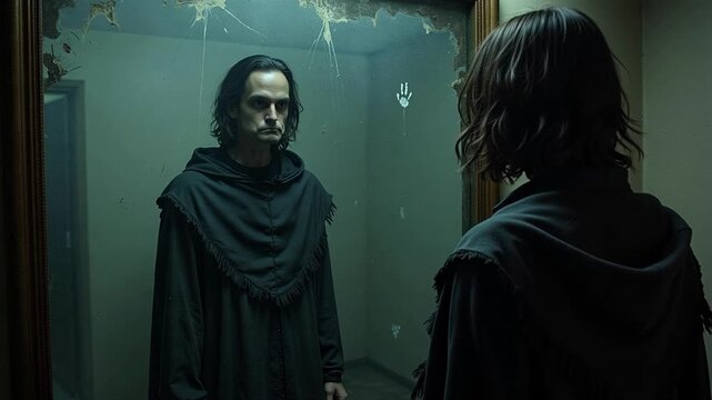 Halloween reflection concept video with a back view of a person looking into a distorted mirror, perfect for spooky season ads and content creation