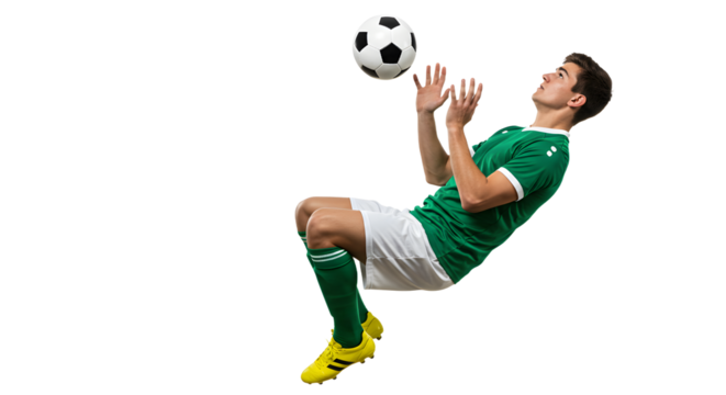 Male soccer player in green jersey performing a bicycle kick with a ball in mid-air, isolated on black background, perfect for sports and football content