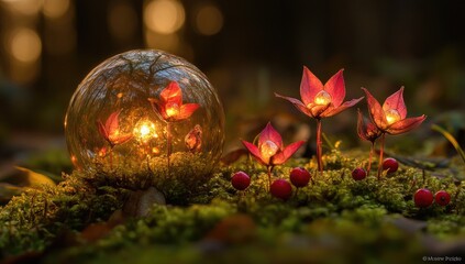 Glowing floral forms on moss with an orb