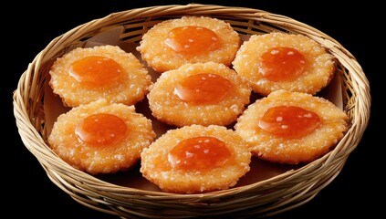 Sweet pastries with orange centers in a woven basket