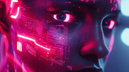 A futuristic female cyborg radiant glowing circuits, navigates the vast expanse of cyberspace, embodying the essence of advanced technology and the spirit of innovation that defines our digital future