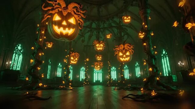 surreal wide angle halloween ballroom where pumpkins carved with octopus inspired patterns hang and glow like chandeliers, vines curling from the floor and architectural details