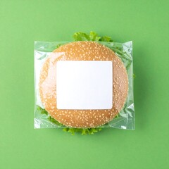 Top-down view of a hamburger in clear plastic wrap on a vibrant green background.  A blank square label is on the bun