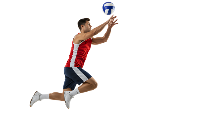 Man jumping and reaching to catch a volleyball in mid-air isolated on black background, perfect for sports and volleyball-related projects
