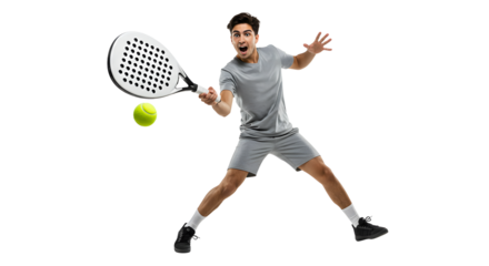 Man playing pickleball hitting ball with paddle in athletic wear on black background, perfect for sports and fitness content