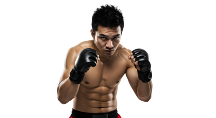 Muscular male boxer in fighting stance wearing black gloves on black background, perfect for sports and fitness themes