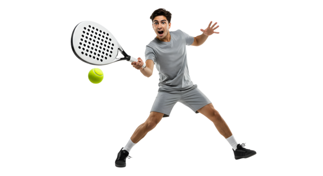 Man playing pickleball hitting ball with paddle in athletic wear on black background, perfect for sports and fitness content