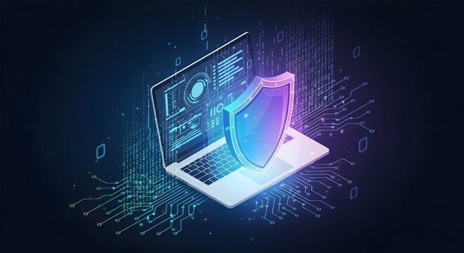 Futuristic digital security concept with a glowing shield protecting a laptop, symbolizing data privacy and cyber defense
