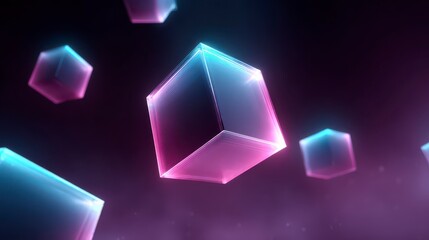 Fototapeta premium Geometric Cubes in Neon Hues: Floating in a deep space, a collection of geometric cubes glows with vibrant neon lights, creating a sense of modern design.