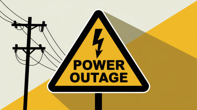 Warning sign for a power outage with a lightning bolt symbol and utility pole.