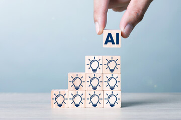 Business Concept : 4Steps of Wood Cubices with Light Blubs on wood table Blue tone. Creative Thinking and Problem by AI.