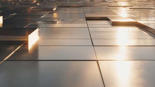 Abstract tiled reflective surface with golden light reflections and elevated elements.