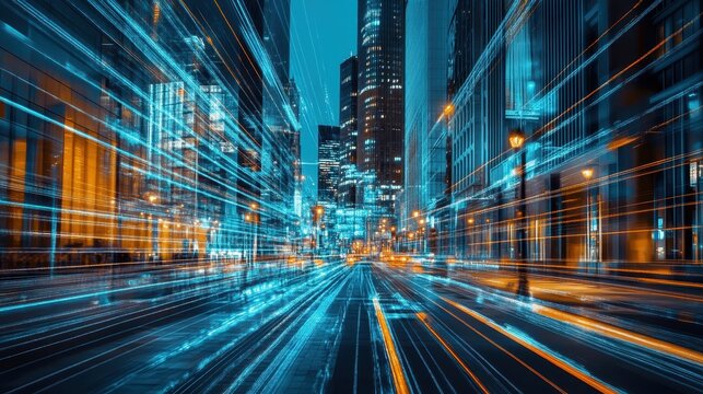 Digital transformation of the city with glowing lines and lights