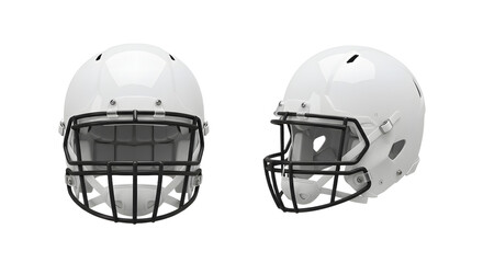 Fototapeta premium White American football helmet with black faceguard, front and side view, isolated on white background, perfect for sports and safety equipment themes