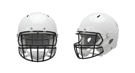 White American football helmet with black faceguard, front and side view, isolated on white background, perfect for sports and safety equipment themes