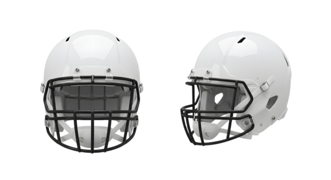 White American football helmet with black faceguard, front and side view, isolated on white background, perfect for sports and safety equipment themes