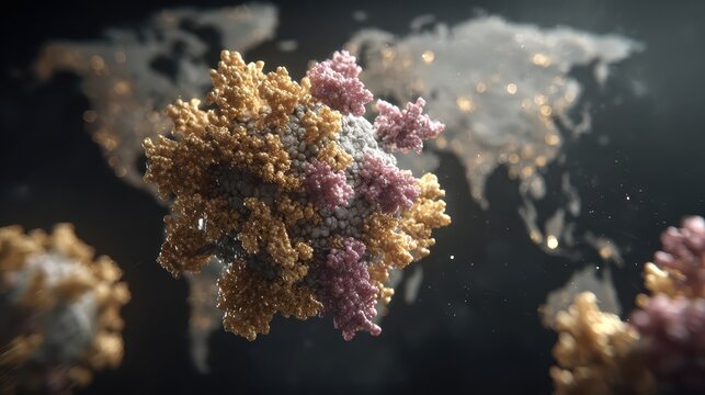 3D Rendering of a Coronavirus Model Overlaying a World Map