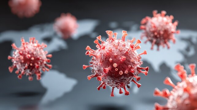 3D rendering of coronavirus cells against a world map background