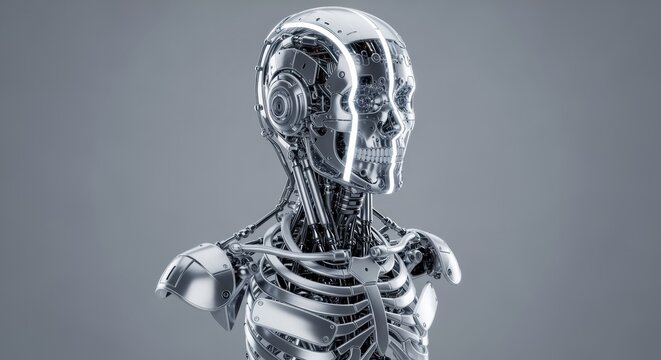 Futuristic Robot Skeleton Bust on a Gray Background