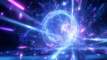 Fototapeta premium Cosmic Energy: A vibrant display of celestial bodies and energy, with a central sphere of radiant energy radiating outwards, showcasing the beauty and wonder of the cosmos.