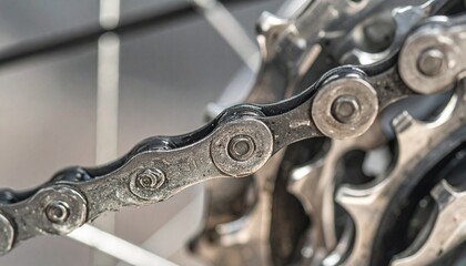 Close-up of a bicycle chain and gears, showing the intricate mechanics of cycling.