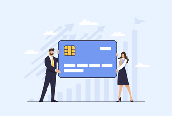 Businessman and businesswoman holding giant credit card with chip on blue background. Flat vector illustration with financial growth arrows. Banking and finance concept. Design for poster, banner