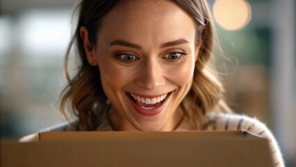 emotional+customer+connection A woman expresses joy while opening a package, showcasing excitement and surprise.