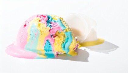 Fototapeta premium Colorful ice cream scoop melting on a white surface, close-up.