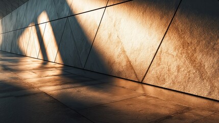 Abstract architectural walkway with dramatic sunlight casting long geometric shadows