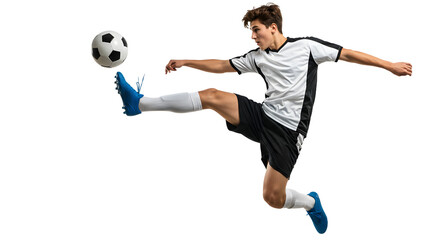 Young male soccer player performing a dynamic mid-air kick with a soccer ball, isolated on black background, perfect for sports and athletic themes