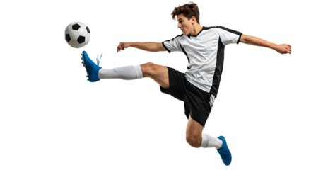 Young male soccer player performing a dynamic mid-air kick with a soccer ball, isolated on black background, perfect for sports and athletic themes
