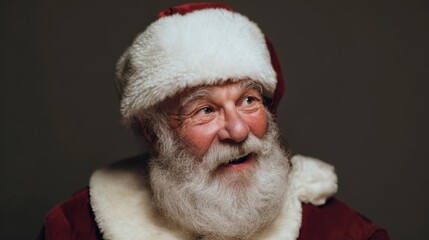 Obraz premium Elderly caucasian male in santa costume with white beard and red hat smiling