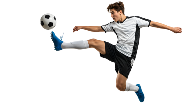 Young male soccer player performing a dynamic mid-air kick with a soccer ball, isolated on black background, perfect for sports and athletic themes