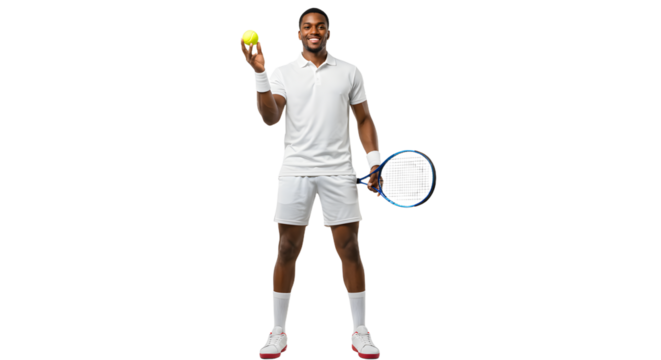 Young male tennis player in white outfit holding ball and racket isolated on black background, perfect for sports and fitness projects - Powered by Adobe