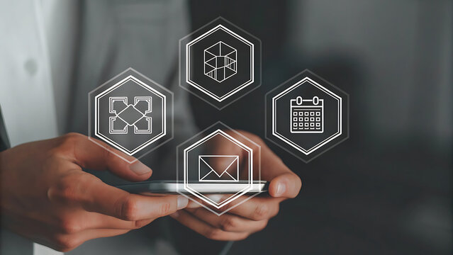 Hands holding phone with holographic smart calendar task scheduling reminder  