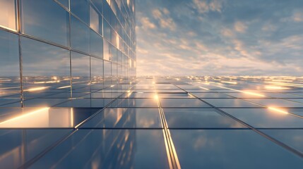 Modern glass building facade and ground reflecting golden light under cloudy sky.