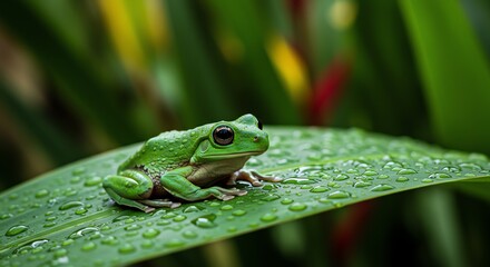 Obraz premium Green tree frog on leaf with water droplets