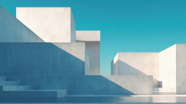 Minimalist Modern Architectural Background with Concrete Geometric Shapes and Bright Blue Sky