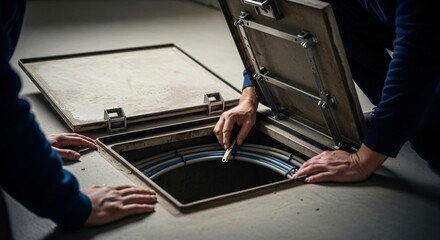 Technicians Inspecting Underground Cables in Open Floor Access Panel.